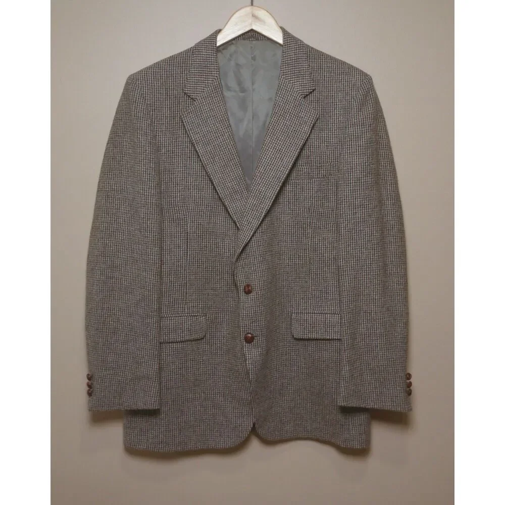 Vintage Stafford 44L 100% Wool Houndstooth Blazer USA Made Brown Sport Coat Fall